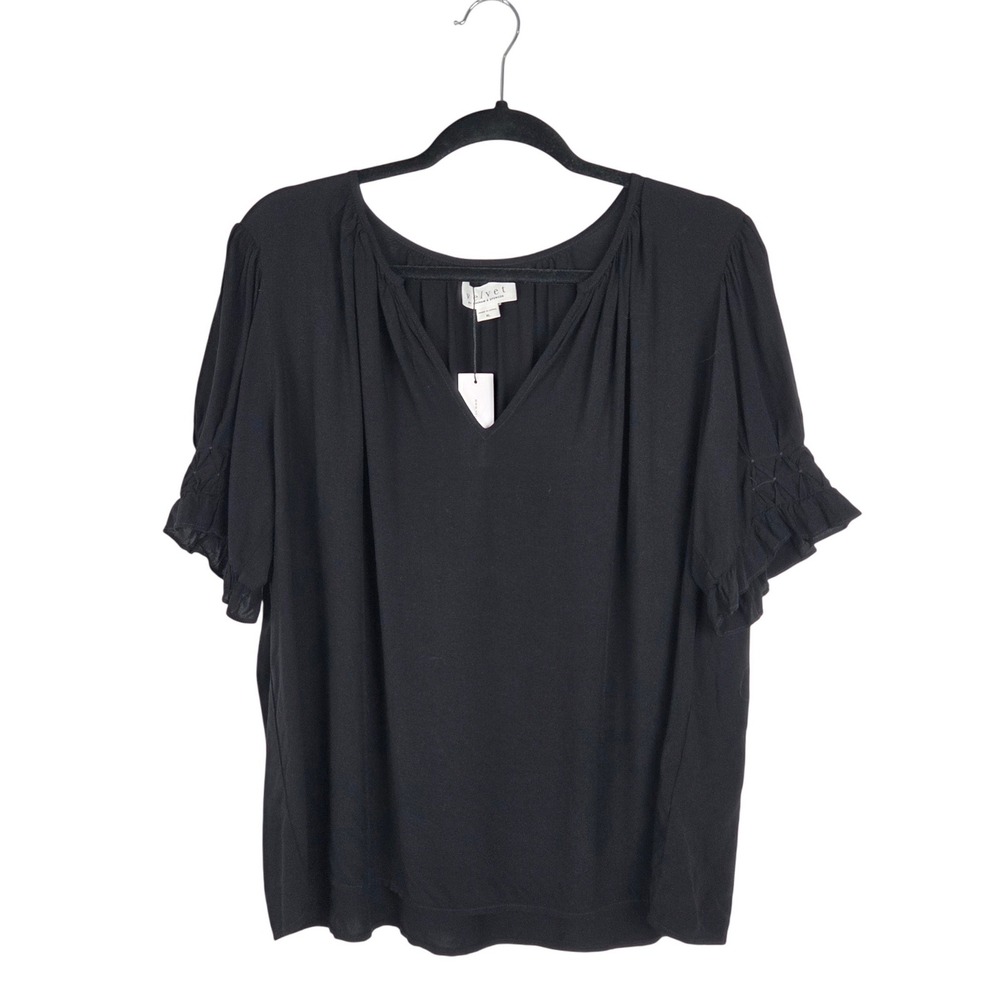 Velvet by Graham & Spencer Black Smocked Puff Sleeve V-Neck Shirt XL Boho Casual
